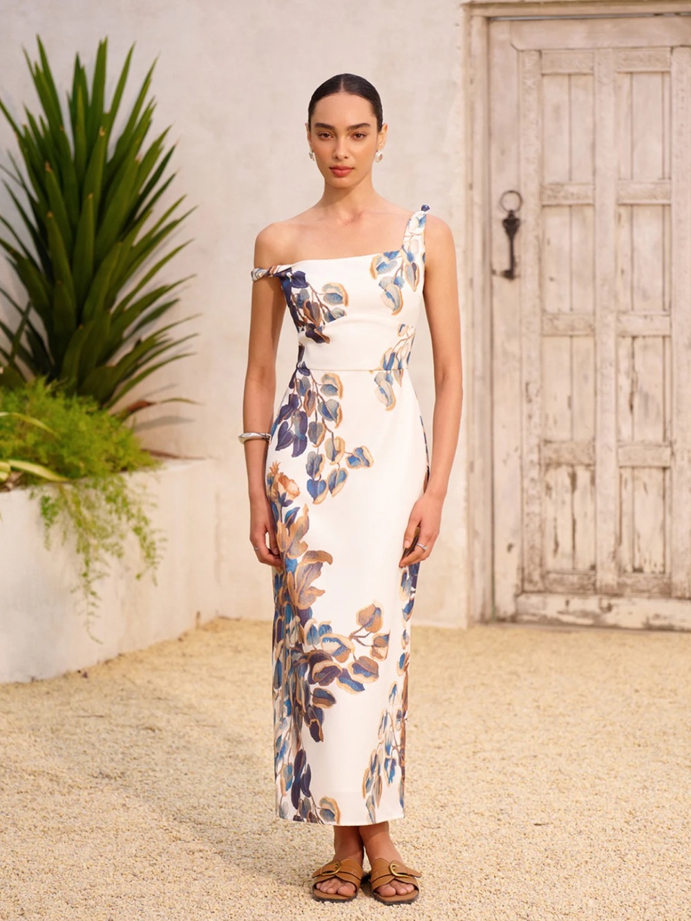 Commense White One-Shoulder Midi Dress with Blue & Tan Floral Print